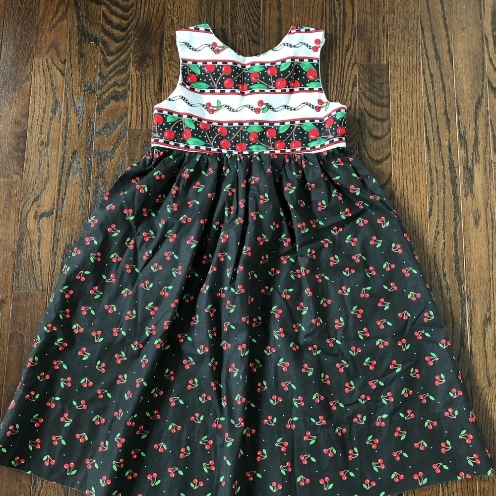 Vintage Girls 8-10 Black/Red Cherries A-Line Sleeveless Midi Dress w/Pockets